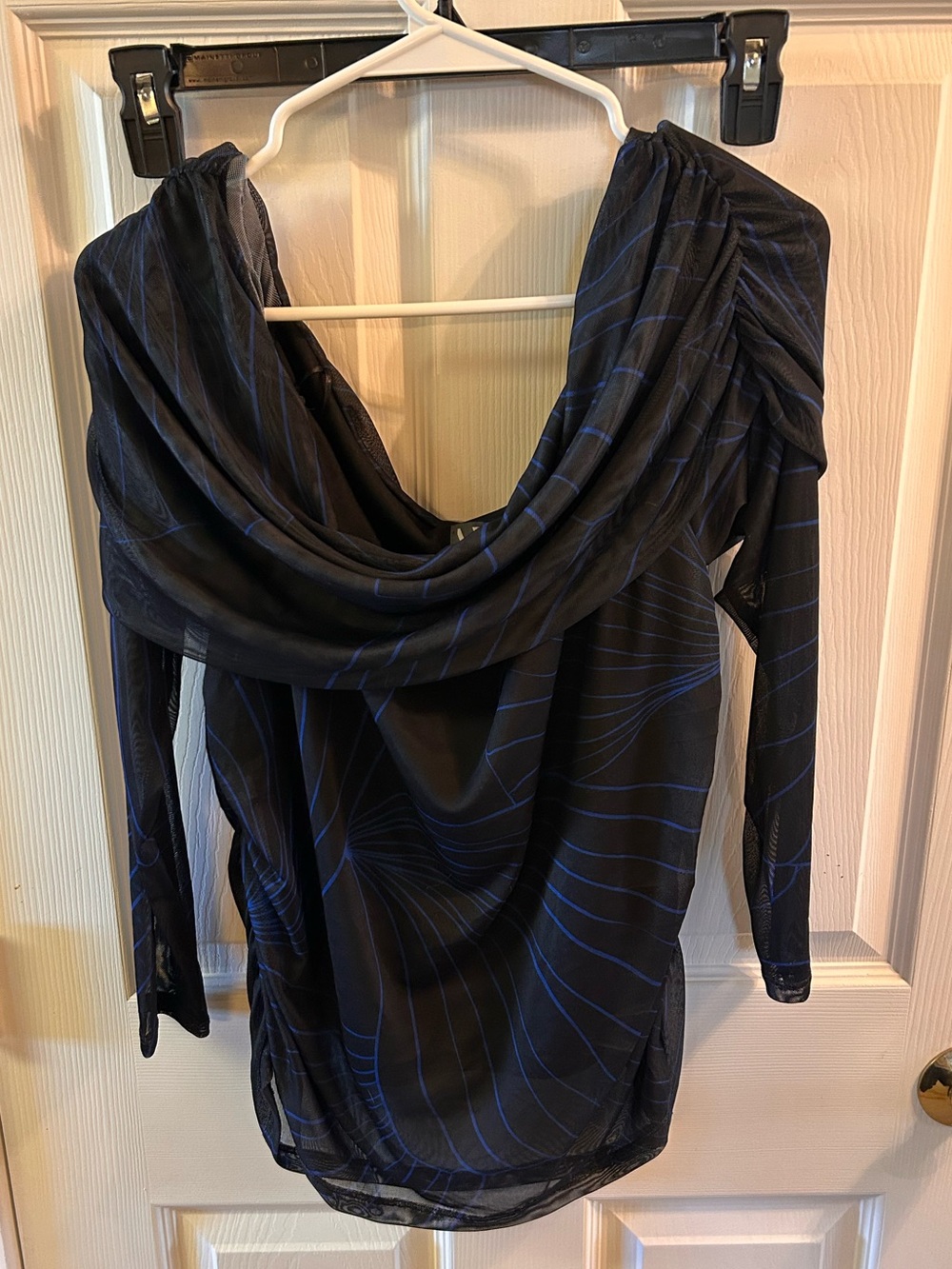 Worthington Black and Blue Draped Cowl Long-Sleeve Top
